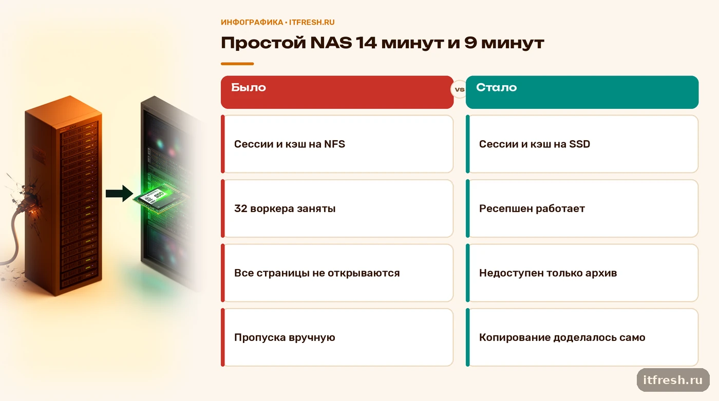Было и стало в клубе на 34 места: до переноса сессий с NFS всё вставало, после недоступен только архив