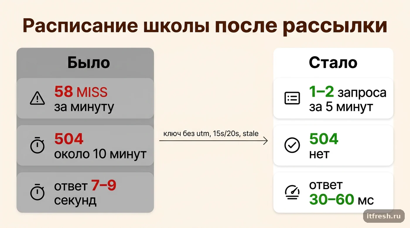 Было и стало: нагрузка на бэкенд и время ответа после настройки proxy_cache_lock и use_stale в кейсе школы