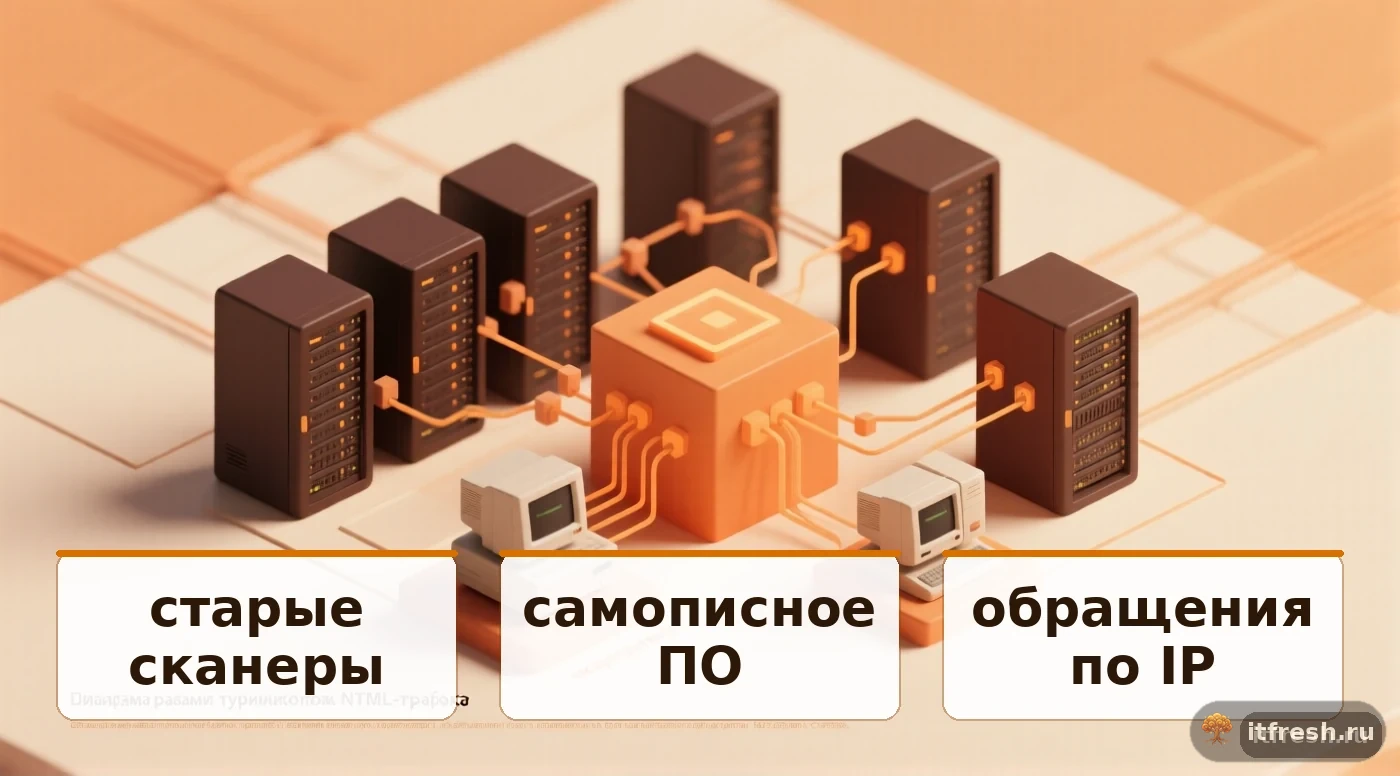 Распределение источников NTLM-трафика: старые сканеры, самописное ПО, обращения по IP