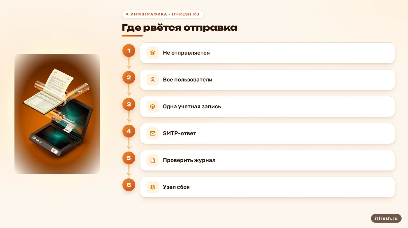 Схема диагностики: пользователи 1С, ответ SMTP, журнал и узел сбоя