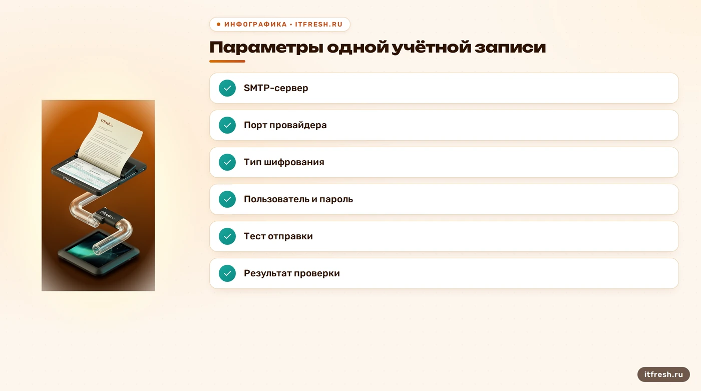 Чек-лист проверки SMTP-сервера, учётной записи и теста отправки из 1С