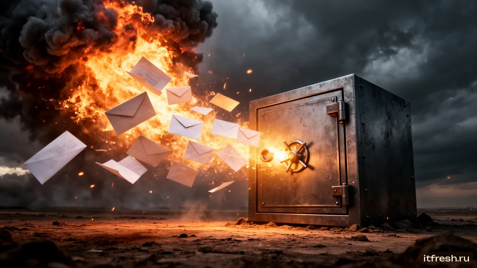 Письма уходят из горящего облака в надёжное хранилище — кинокадр FLUX.2