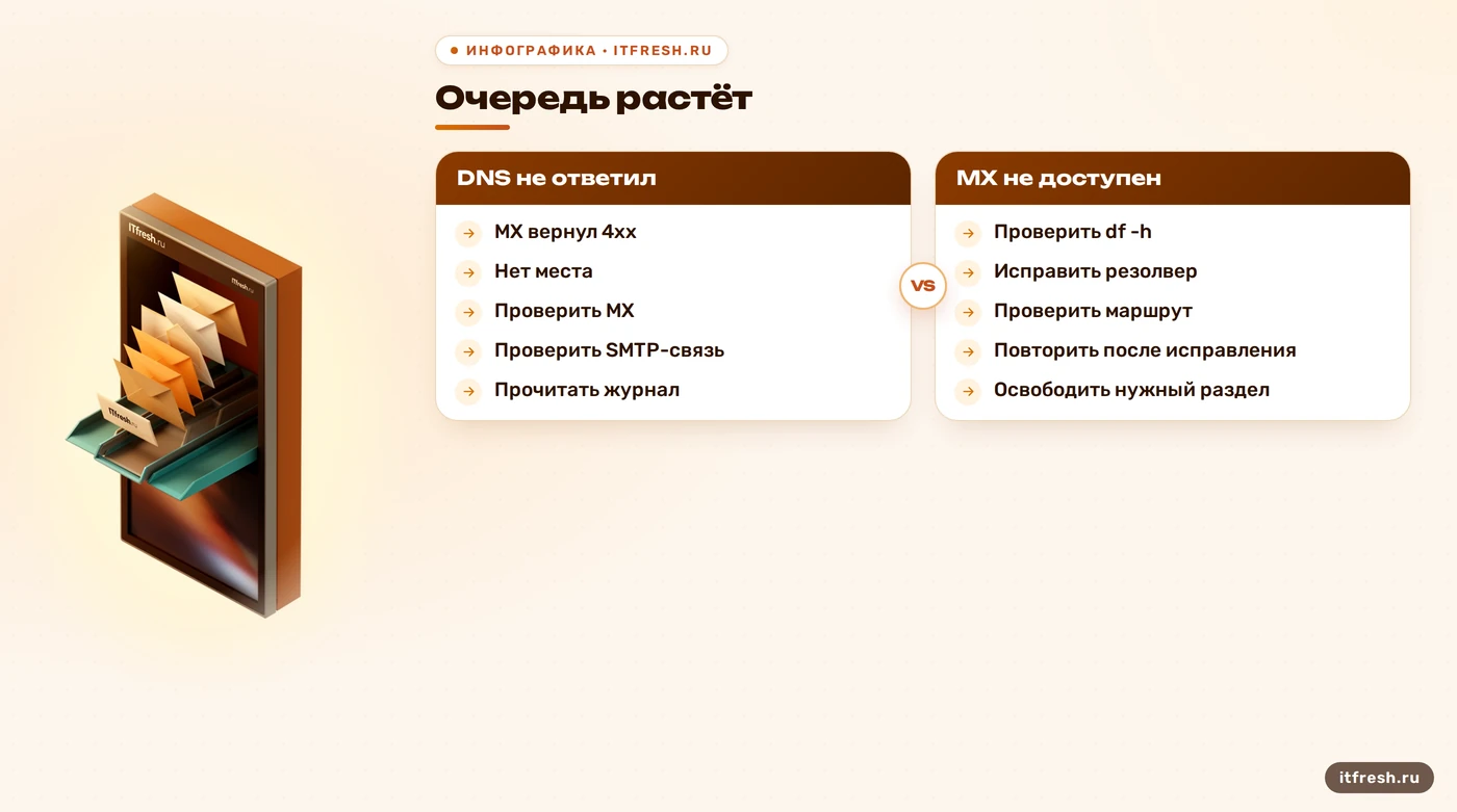 Дерево проверки DNS, MX, SMTP-ответа и места при росте очереди Postfix