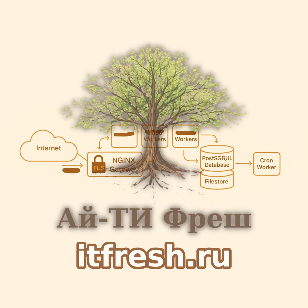 Архитектура продакшен-стенда Odoo 19: интернет через nginx с TLS на воркеры Odoo, за ними PostgreSQL, сбоку filestore и cron-воркер