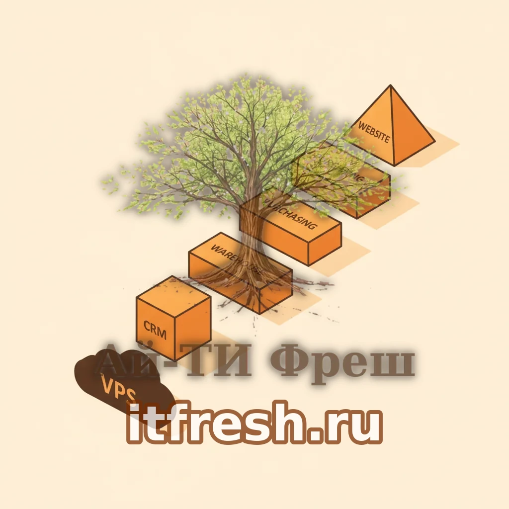Схема эволюции клиента: рост от CRM к складу, закупкам и сайту на одном VPS-сервере