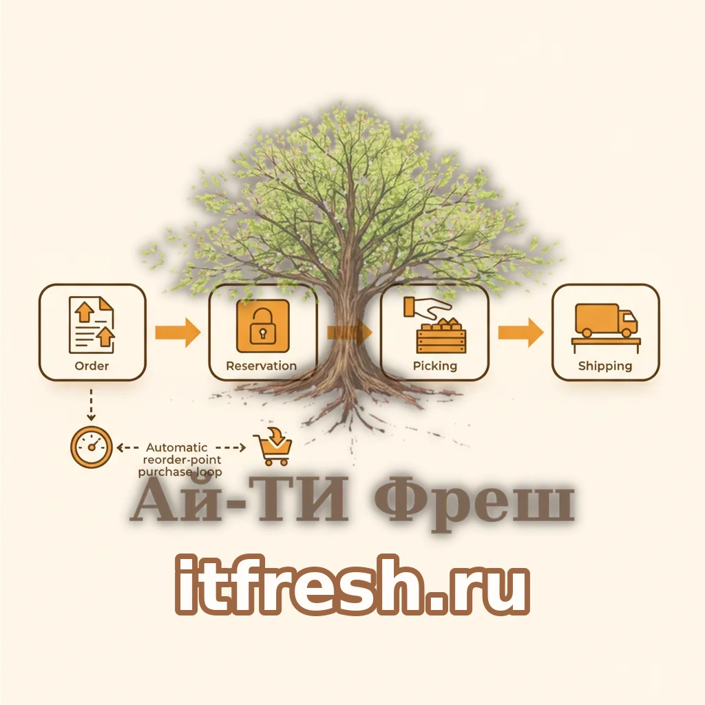 Схема товарного потока в Odoo: заказ, резерв, комплектация, отгрузка и ветка автоматической закупки по точке заказа
