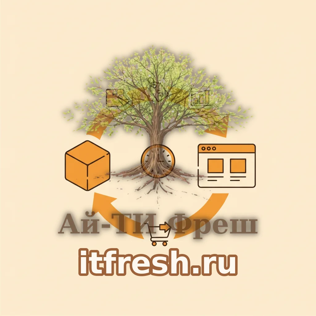 Круговая петля обмена данными между 1С и интернет-магазином: товары, цены и остатки текут в витрину, заказы возвращаются в учёт, в центре — часы расписания