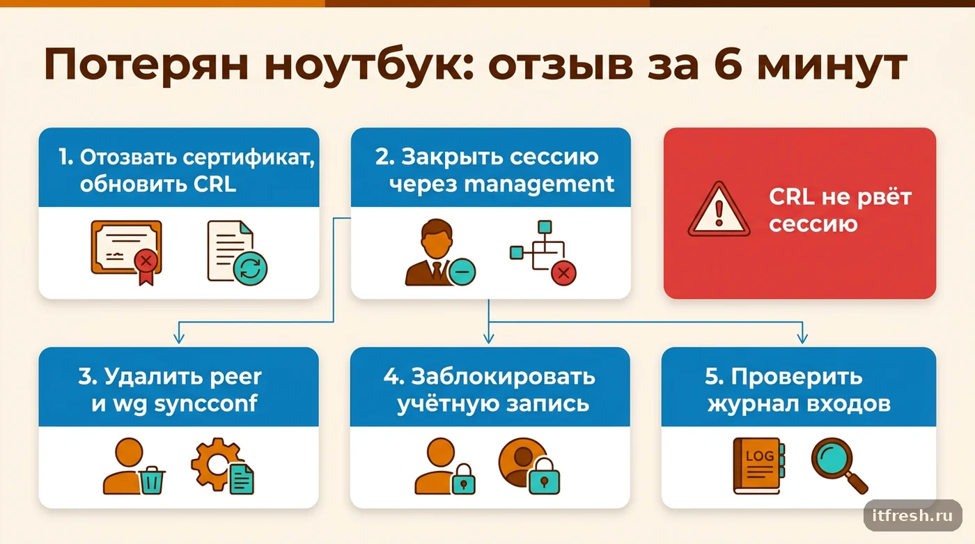 Чек-лист отзыва доступа к VPN при потере устройства: CRL, management, wg syncconf, блокировка учётки
