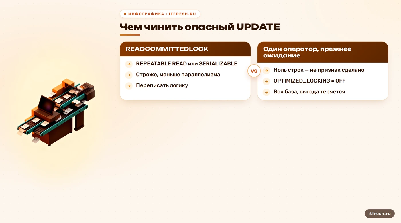 Сравнение способов починки UPDATE при Optimized Locking: хинт, строгая изоляция, переписанная логика, отключение функции