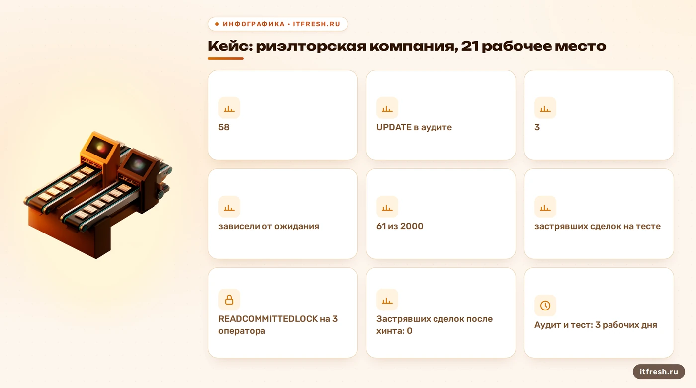 Итоги аудита UPDATE в базе CRM риэлторской компании: 58 операторов, три опасных, 61 застрявшая сделка на тесте