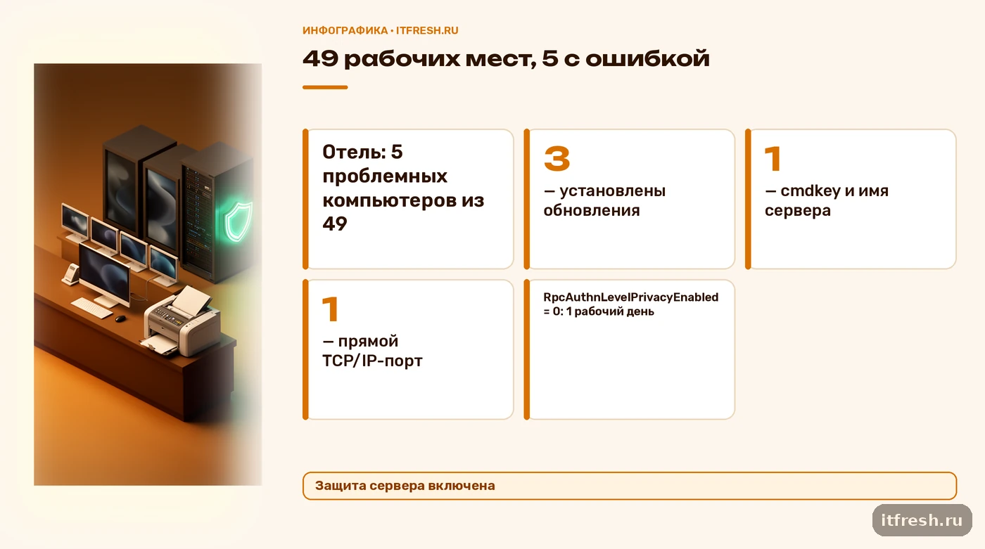 Итоги кейса: из 49 рабочих мест 5 с ошибкой 0x0000011b, способы решения и срок временной меры