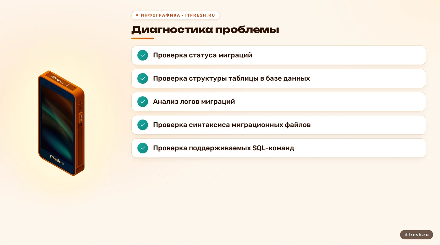 Диагностика проблемы: Проверка статуса миграций