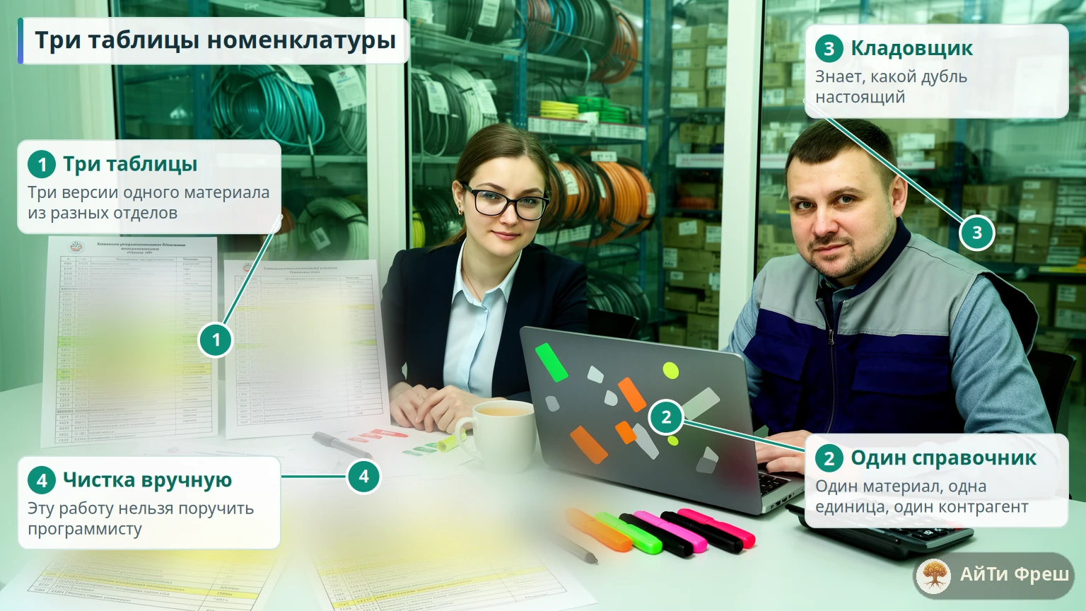 Экономист и кладовщик сверяют три распечатанные таблицы номенклатуры, дубли подчёркнуты маркером