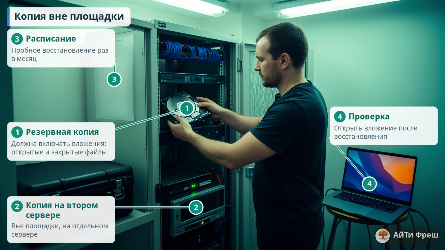 Администратор вынимает носитель с резервной копией из стойки, рядом отдельный сервер для копии вне площадки