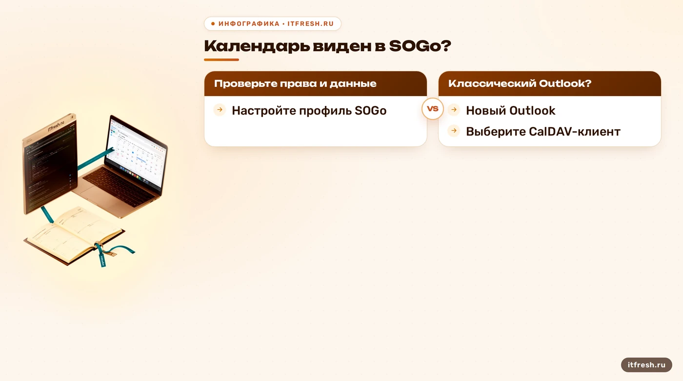 Дерево решений для диагностики календаря mailcow в Outlook