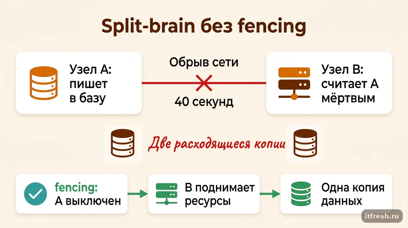 Схема split-brain в Pacemaker без STONITH и сценарий с изоляцией узла через fencing