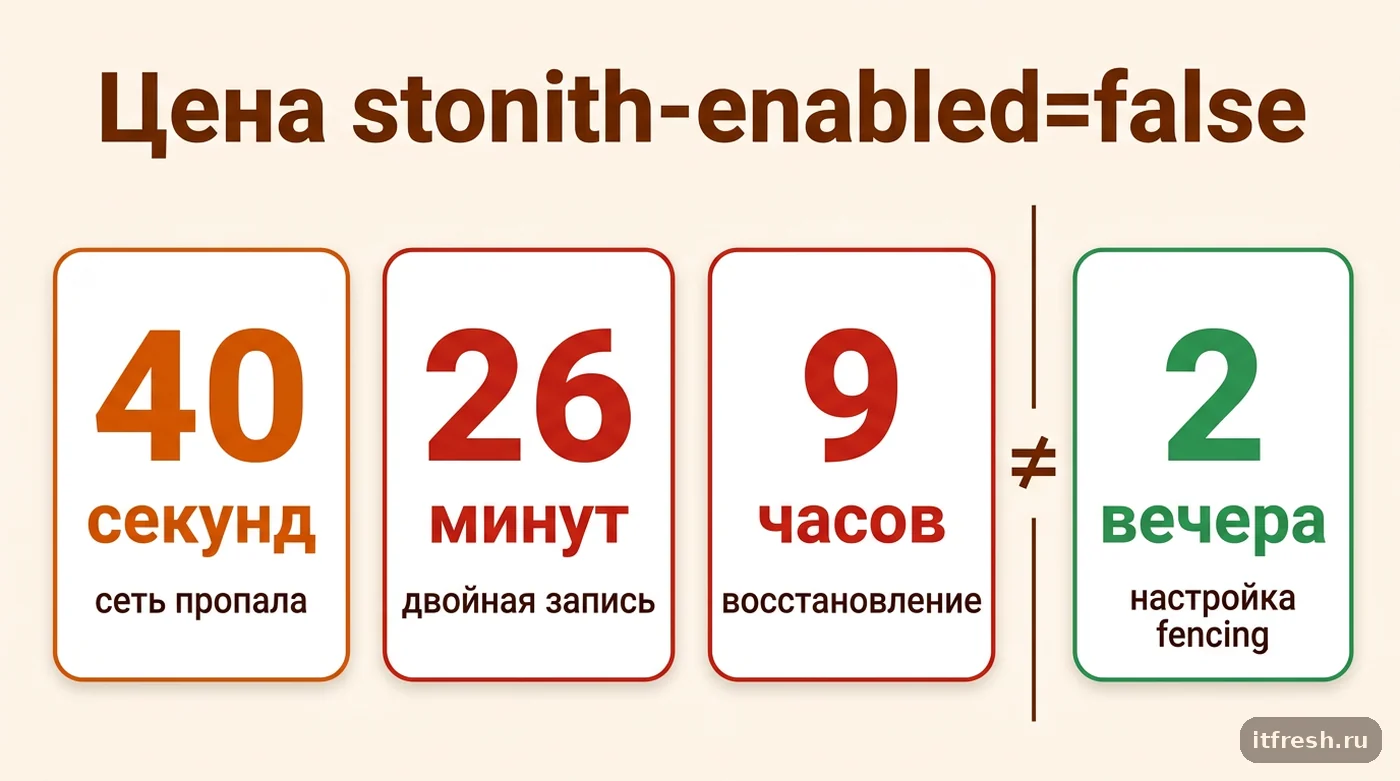 Цифры кейса Pacemaker без STONITH: 26 минут split-brain, 9 часов восстановления против двух вечеров настройки fencing