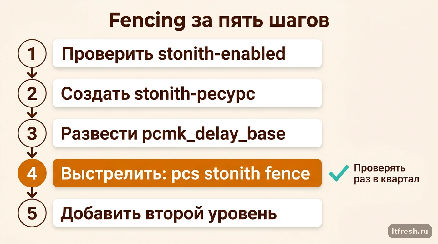 Чек-лист настройки fencing в Pacemaker: stonith-ресурс, задержки, тест pcs stonith fence, второй уровень