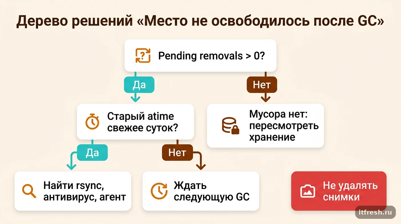 Дерево решений для PBS: Pending removals, проверка atime, поиск стороннего процесса, ожидание GC