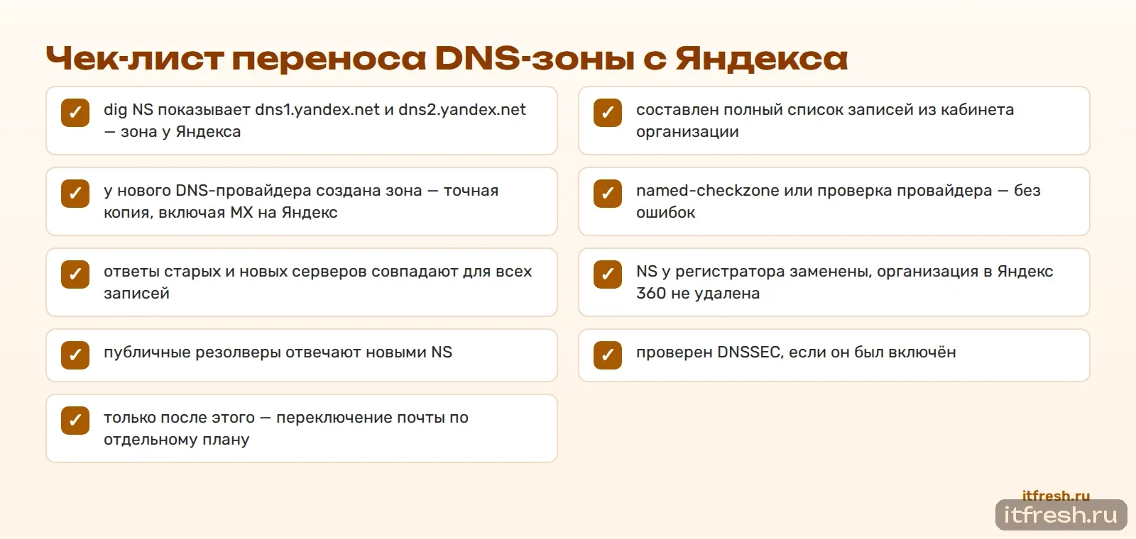 Чек-лист переноса DNS-зоны с Яндекса