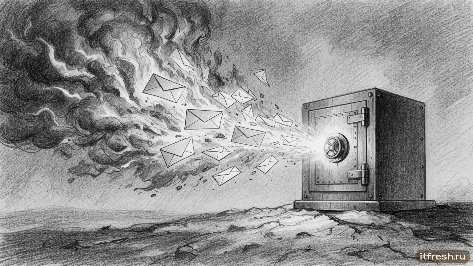 Письма уходят из горящего облака в надёжное хранилище — карандашный рисунок
