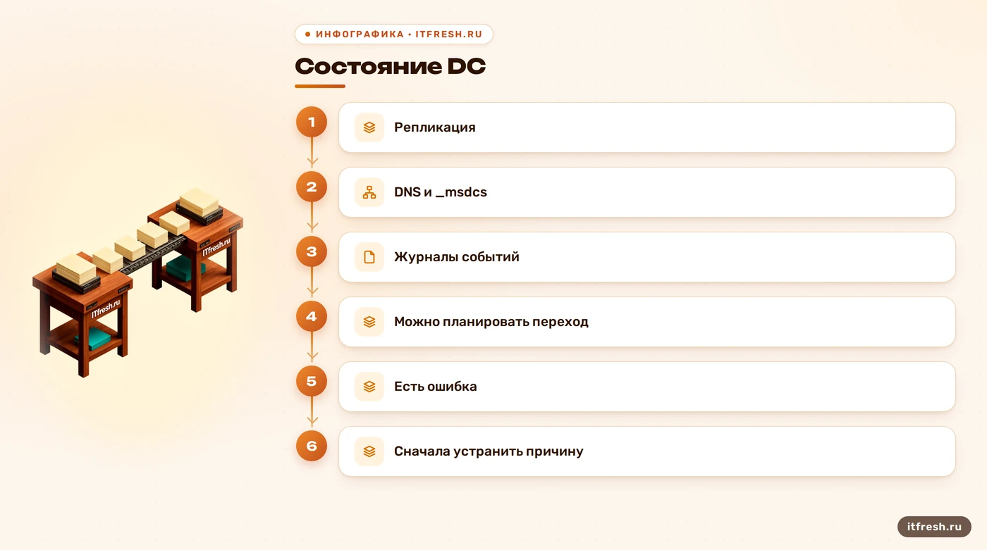 Схема проверки Active Directory перед переносом контроллера домена