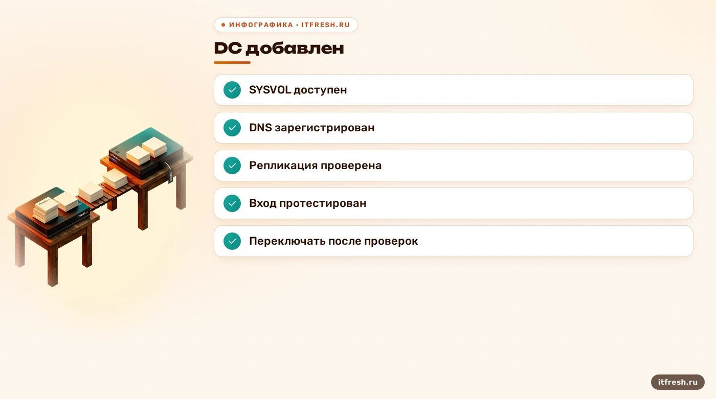 Чек-лист проверки нового контроллера домена перед переключением