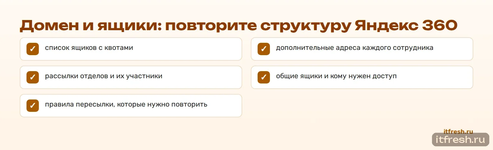 Домен и ящики: повторите структуру Яндекс 360