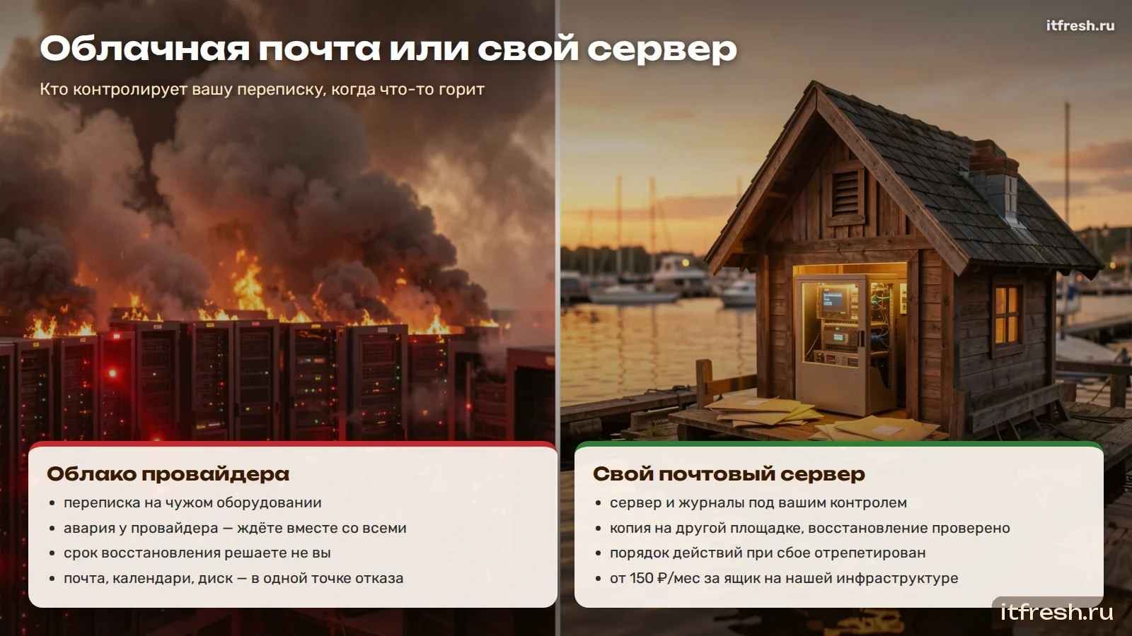 Сравнение облачной почты и своего сервера на фоне пожара в дата-центре и спокойной бухты