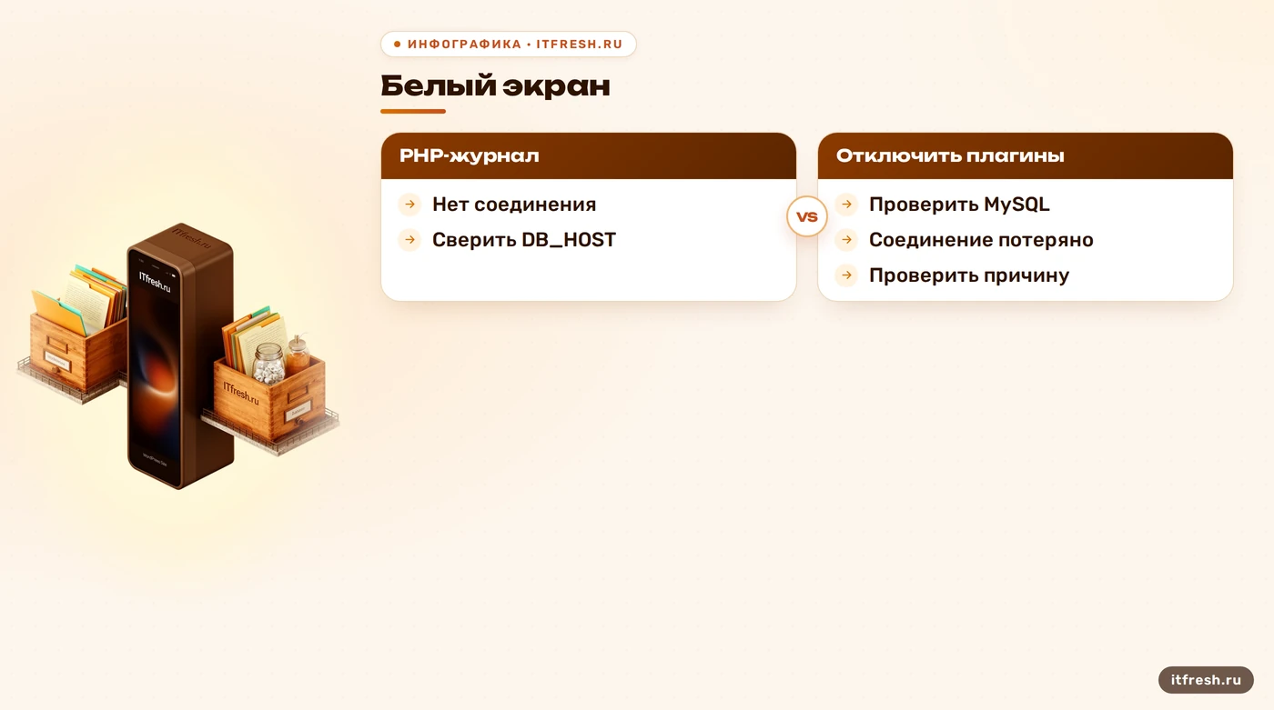 Дерево диагностики ошибок WordPress после переноса сайта