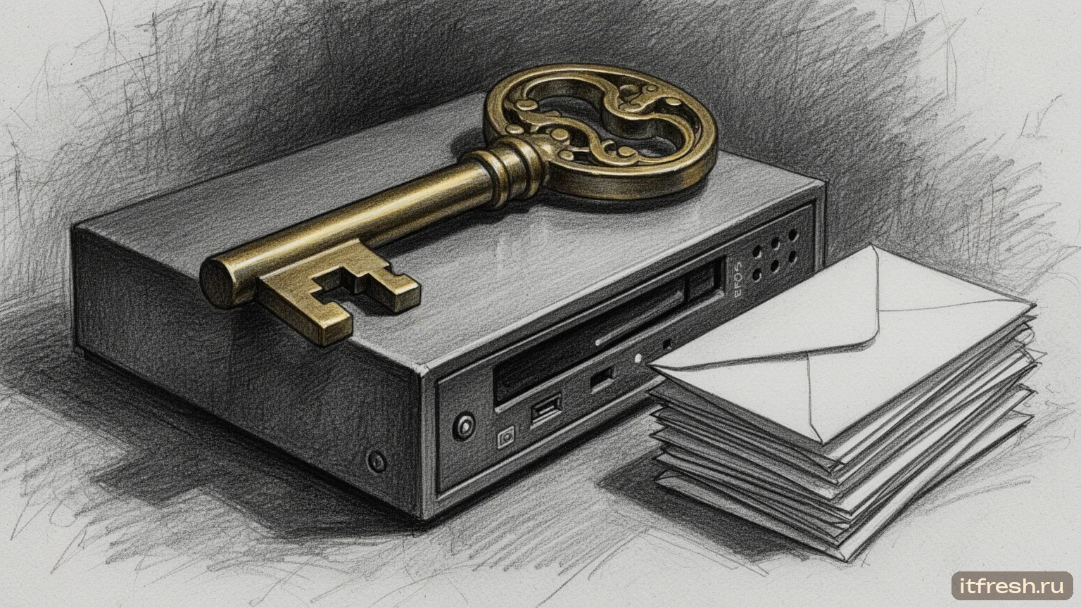 Ключи от своей почты — у компании — карандашный рисунок