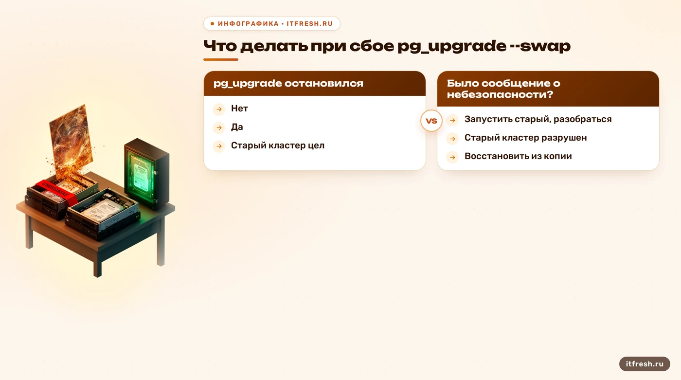 Дерево решений при сбое pg_upgrade --swap: цел ли старый кластер или нужно восстановление