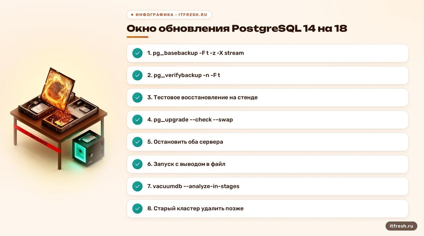 Чек-лист окна обновления PostgreSQL 14 на 18: бэкап, проверка --check --swap, запуск, статистика
