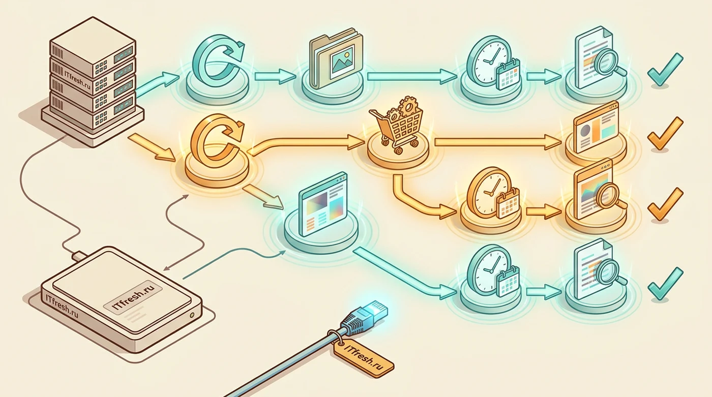 Чек-лист иконок проверки после обновления PHP: перезапуск, загрузка фото, заказ, агенты cron и журнал ошибок