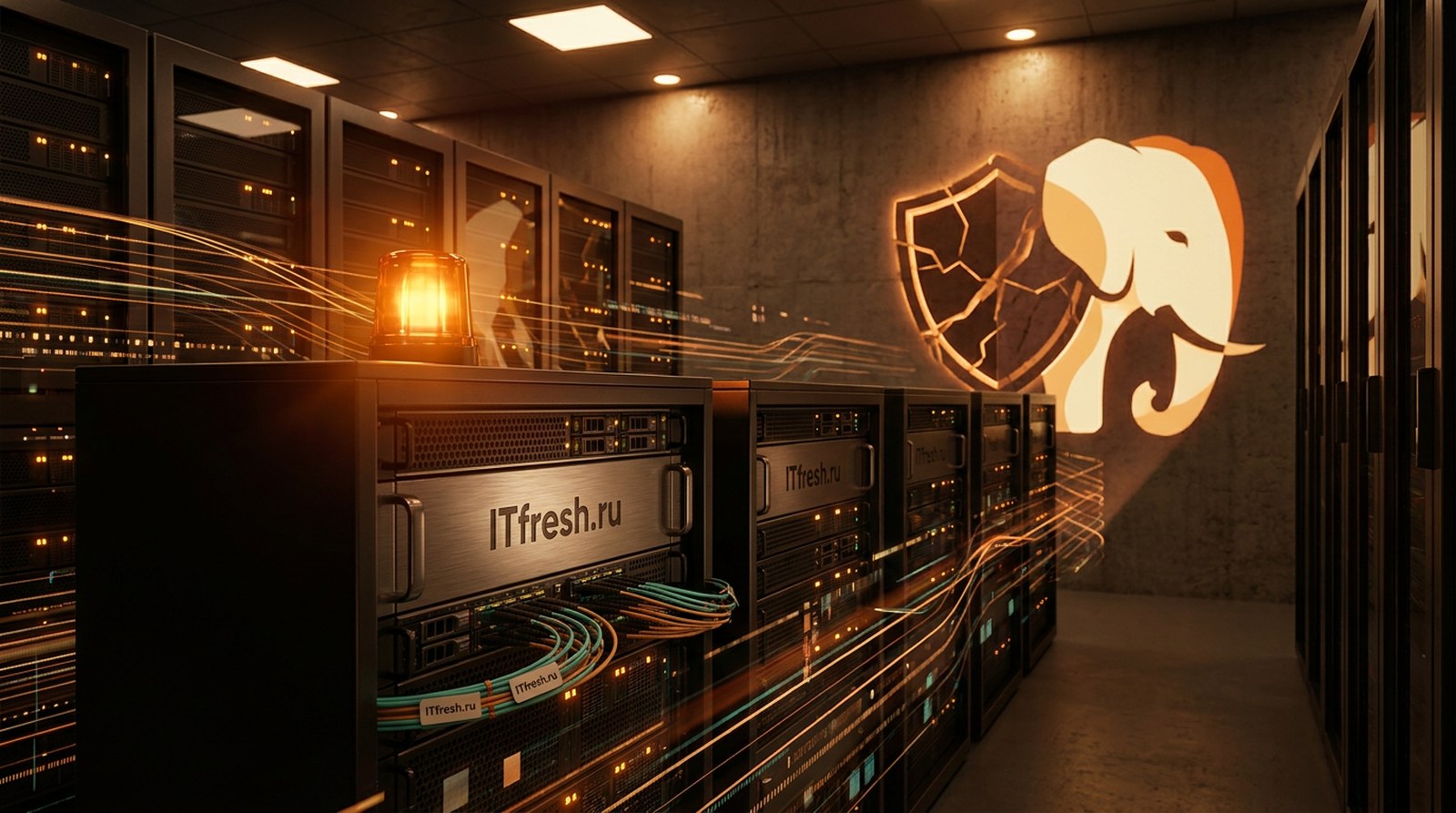 Серверная стойка с тревожной янтарной индикацией и треснувшим щитом на стене — уязвимость PHP2Shell в ядре PHP