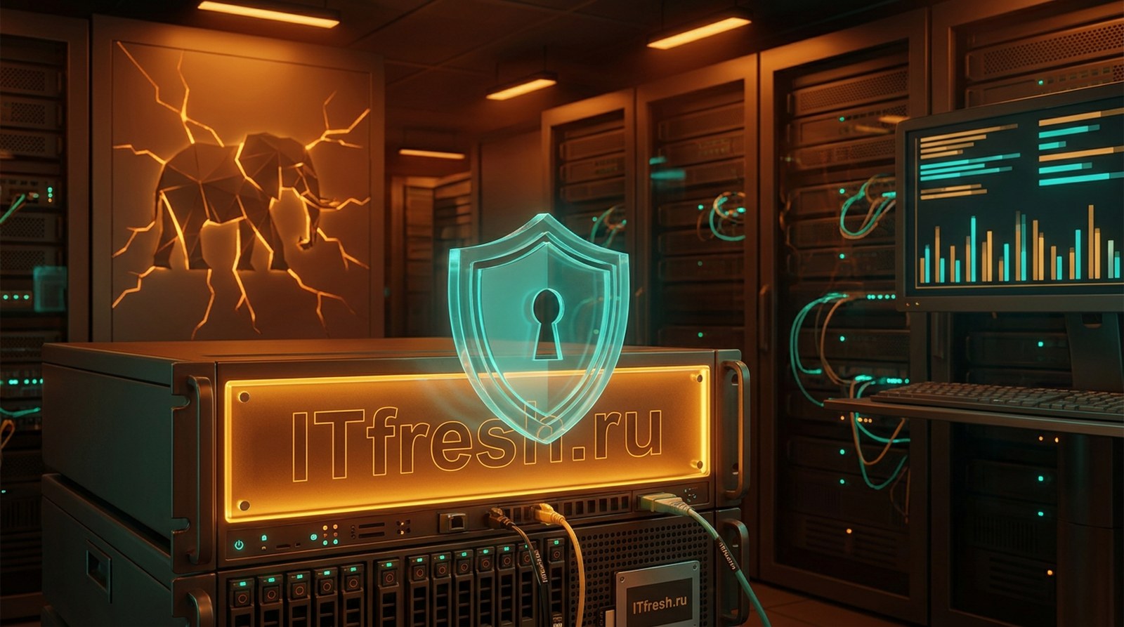 Серверная стойка с эмблемой ITfresh.ru и бирюзовым щитом с замком перед ней, на фоне абстрактной ленты журналов