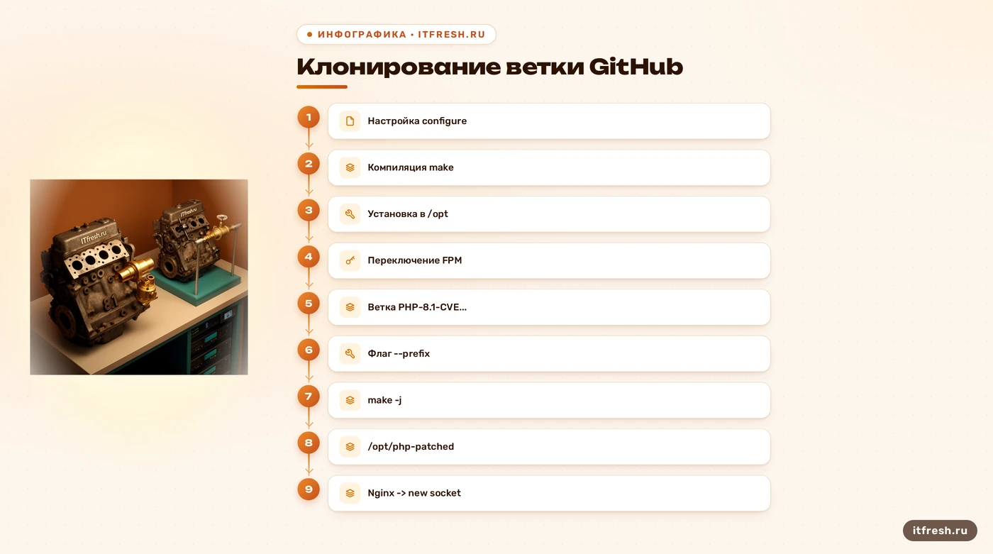 Схема этапов сборки PHP с патчем из исходников