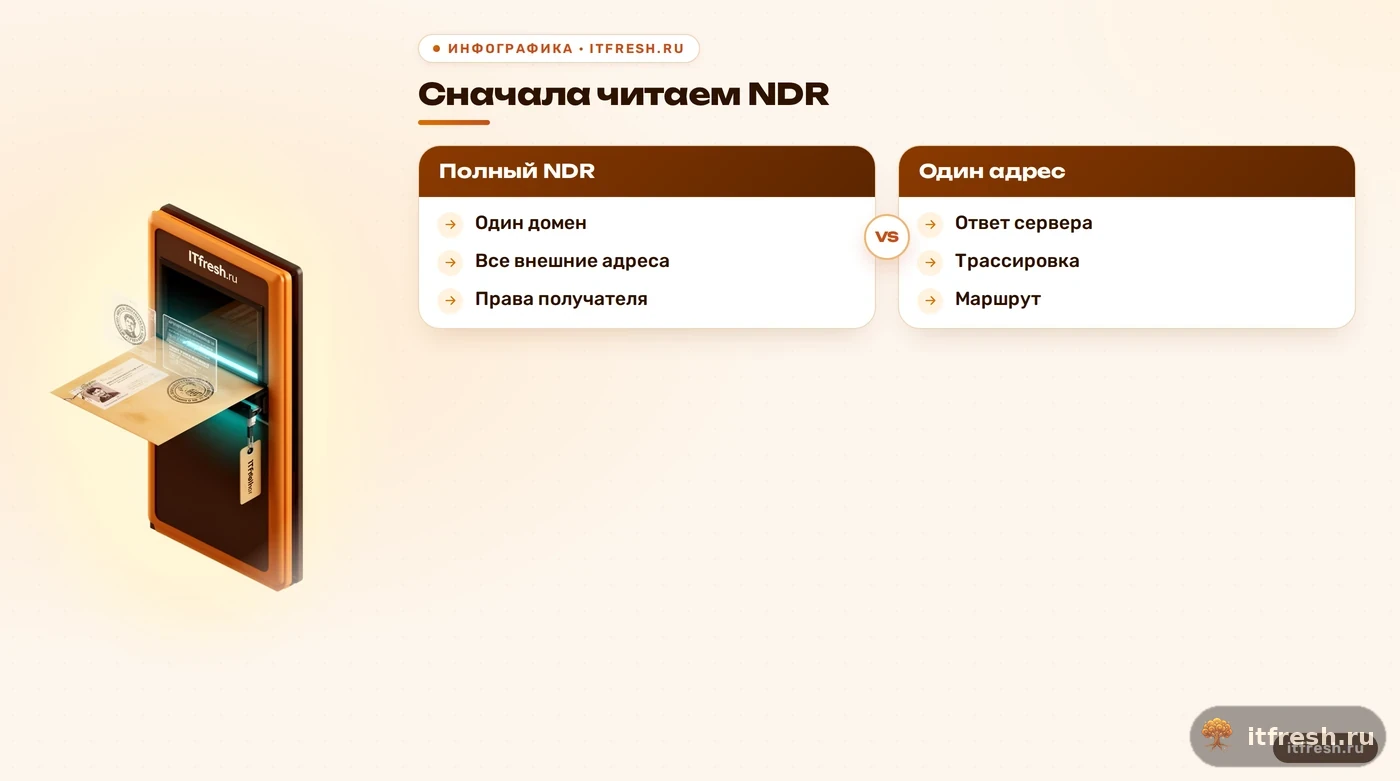 Дерево проверки NDR для поиска причины ошибки 550 5.7.1