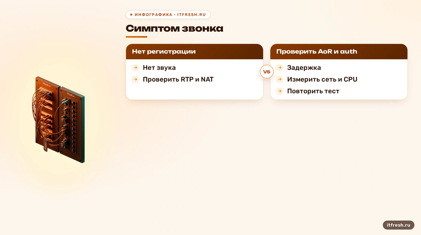 Дерево проверки регистрации, звука и задержек в Asterisk