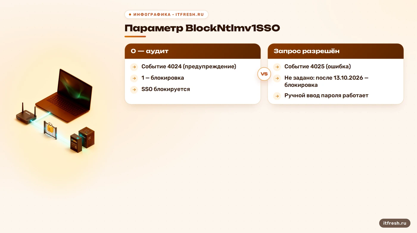Сравнение режимов BlockNtlmv1SSO: аудит со значением 0 и блокировка со значением 1, события 4024 и 4025