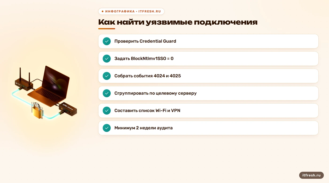 Чек-лист поиска подключений на NTLMv1 SSO: проверка Credential Guard, аудит, сбор событий 4024 и 4025