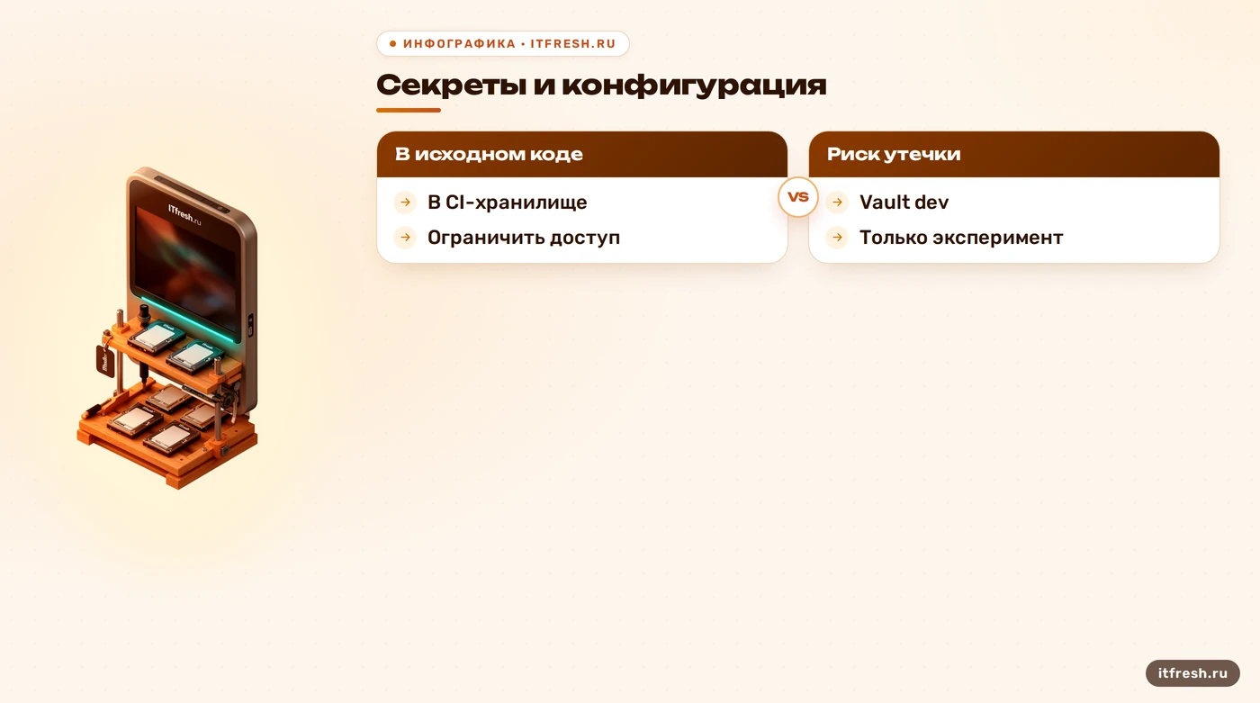 Сравнение безопасного и опасного хранения секретов в CI/CD