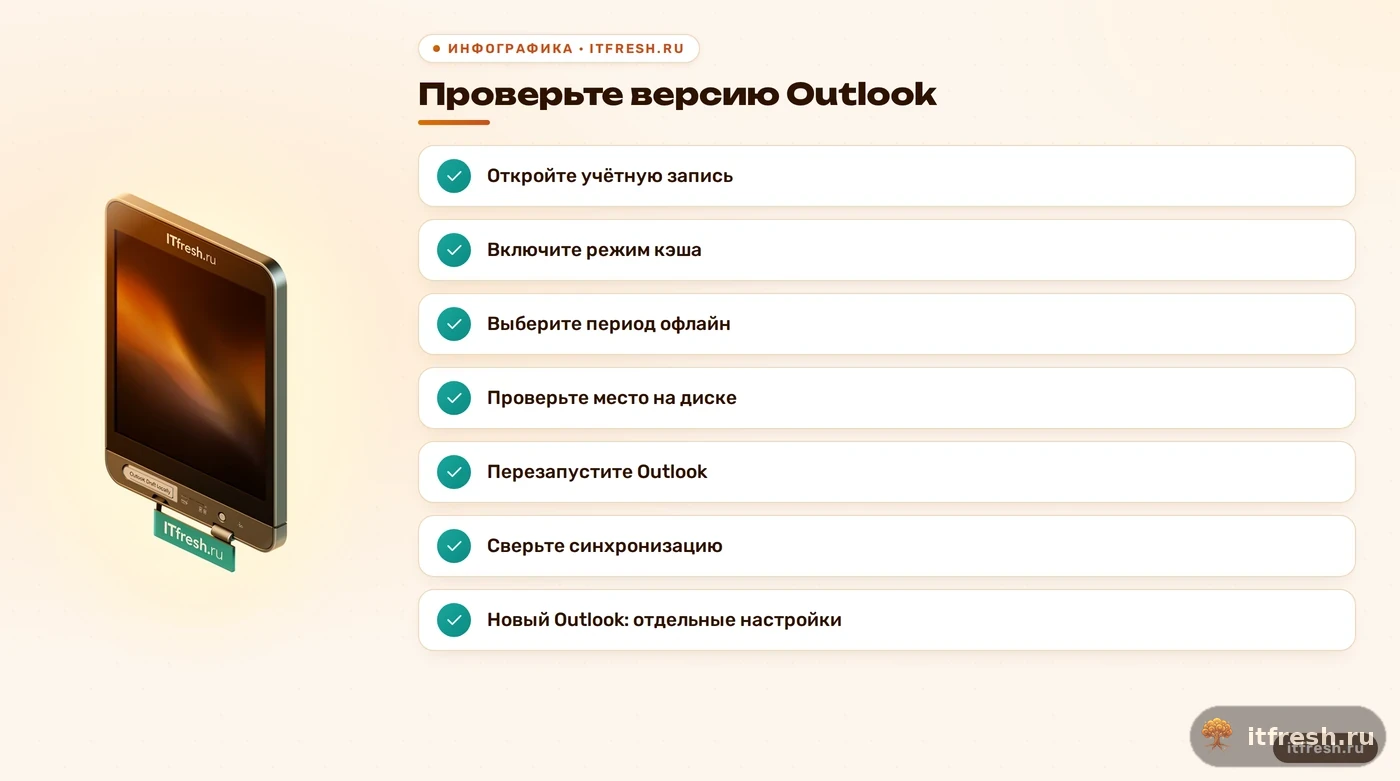 Чек-лист включения кэша Outlook и проверки офлайн-синхронизации