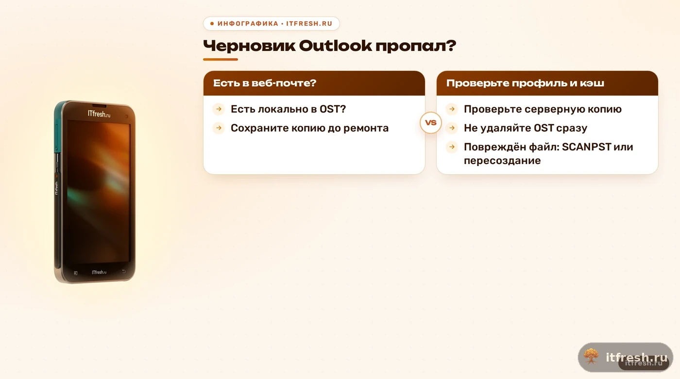 Дерево диагностики пропавшего черновика и повреждённого OST Outlook
