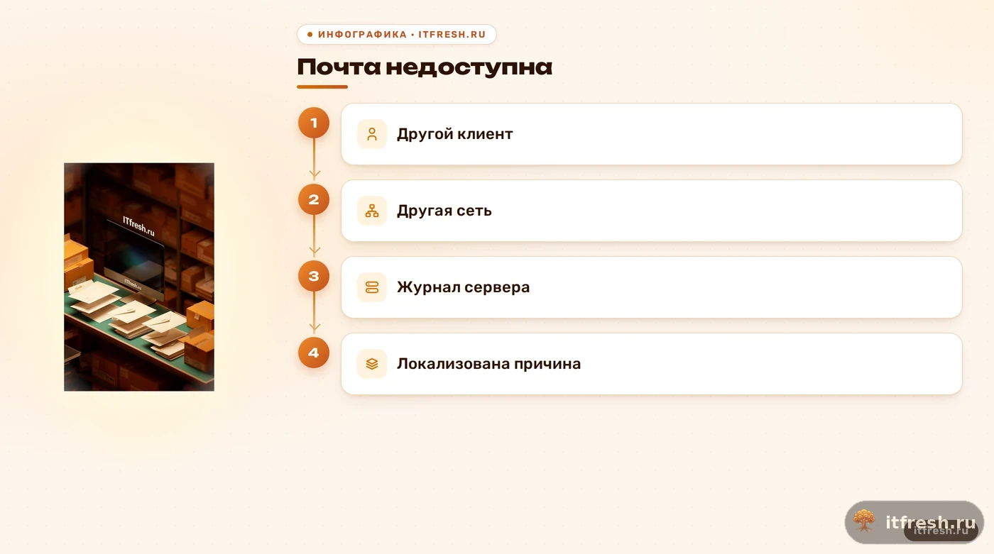 Схема проверки клиента, сети и сервера при ночном сбое почты.
