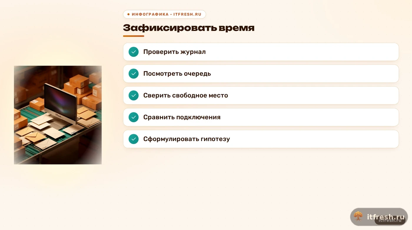 Чек-лист первичной диагностики ночного сбоя почтового сервера.