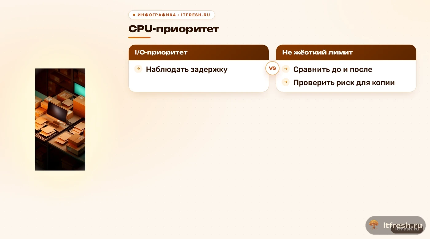 Сравнение приоритетов nice и ionice и шагов контроля фоновой задачи.