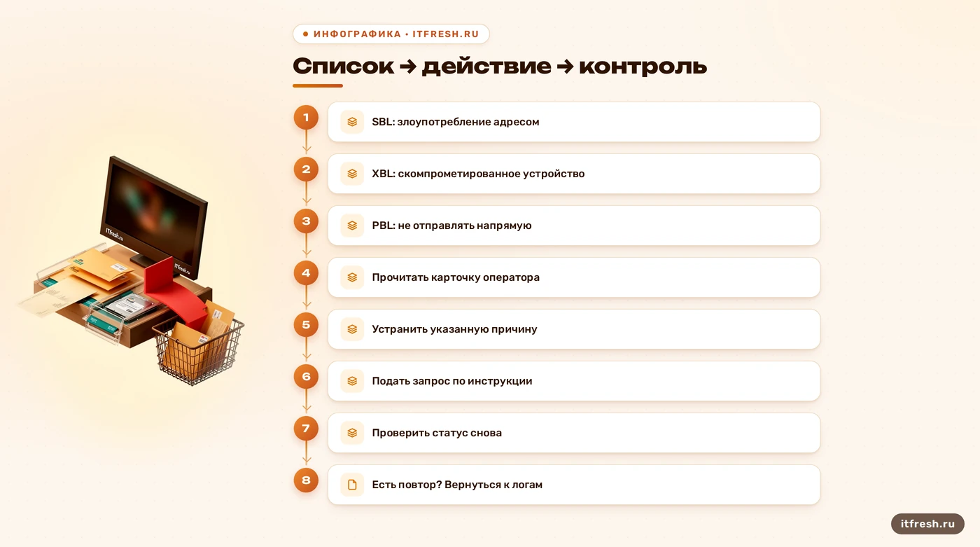 Карта действий по спискам Spamhaus и повторной проверке почты