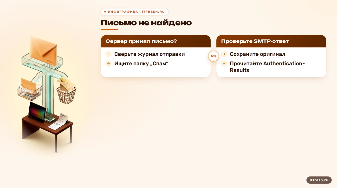 Дерево диагностики: SMTP-отказ, папка «Спам» или принятое письмо