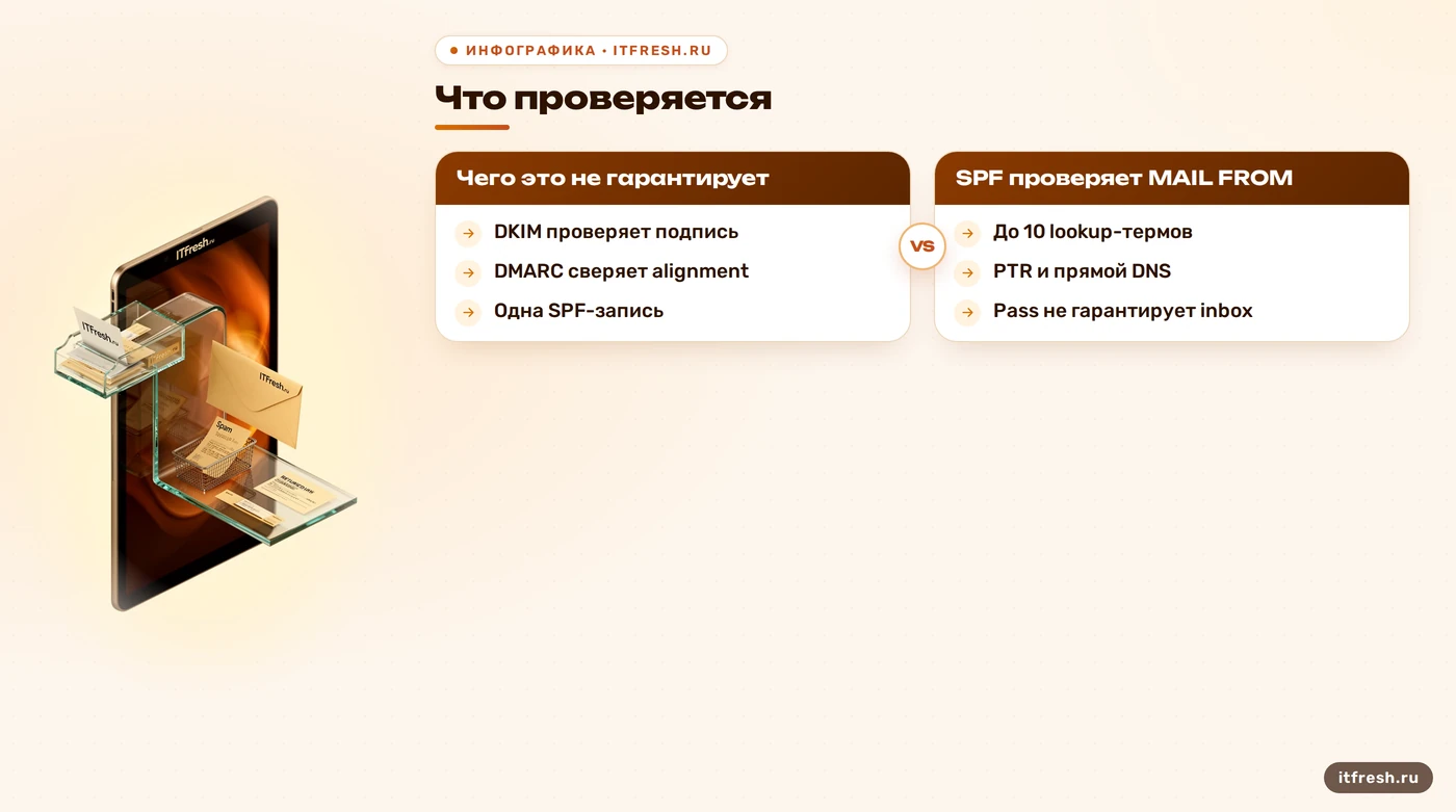 Сравнение SPF, DKIM, DMARC и PTR с ограничениями проверки доставки